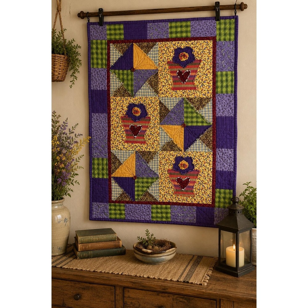 Primitive Folk Art Quilted Table Topper 36x24 Patchwork Country Cottage